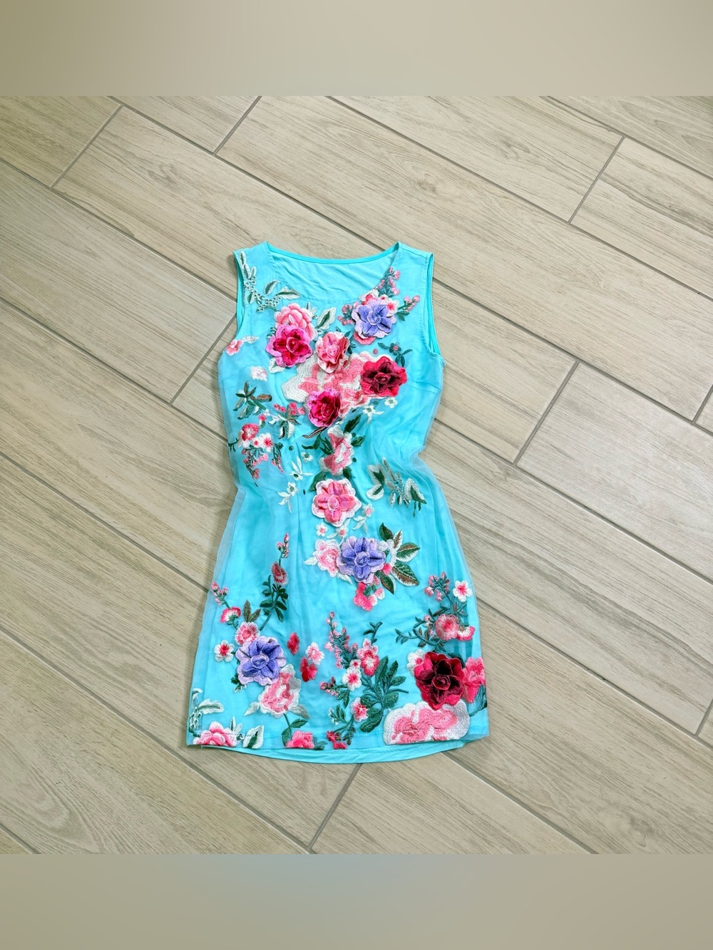 Floral Applique Mesh Midi Dress Turquoise 3D Embroidered Flowers Size M